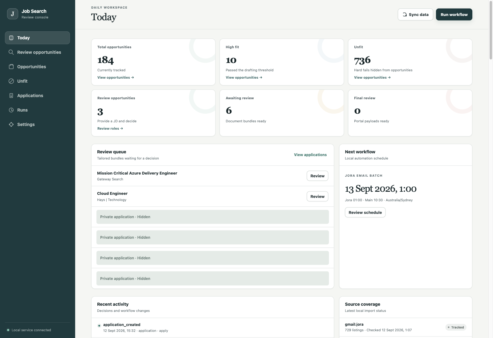 The working dashboard showing search totals, the application review queue and the next scheduled workflow.